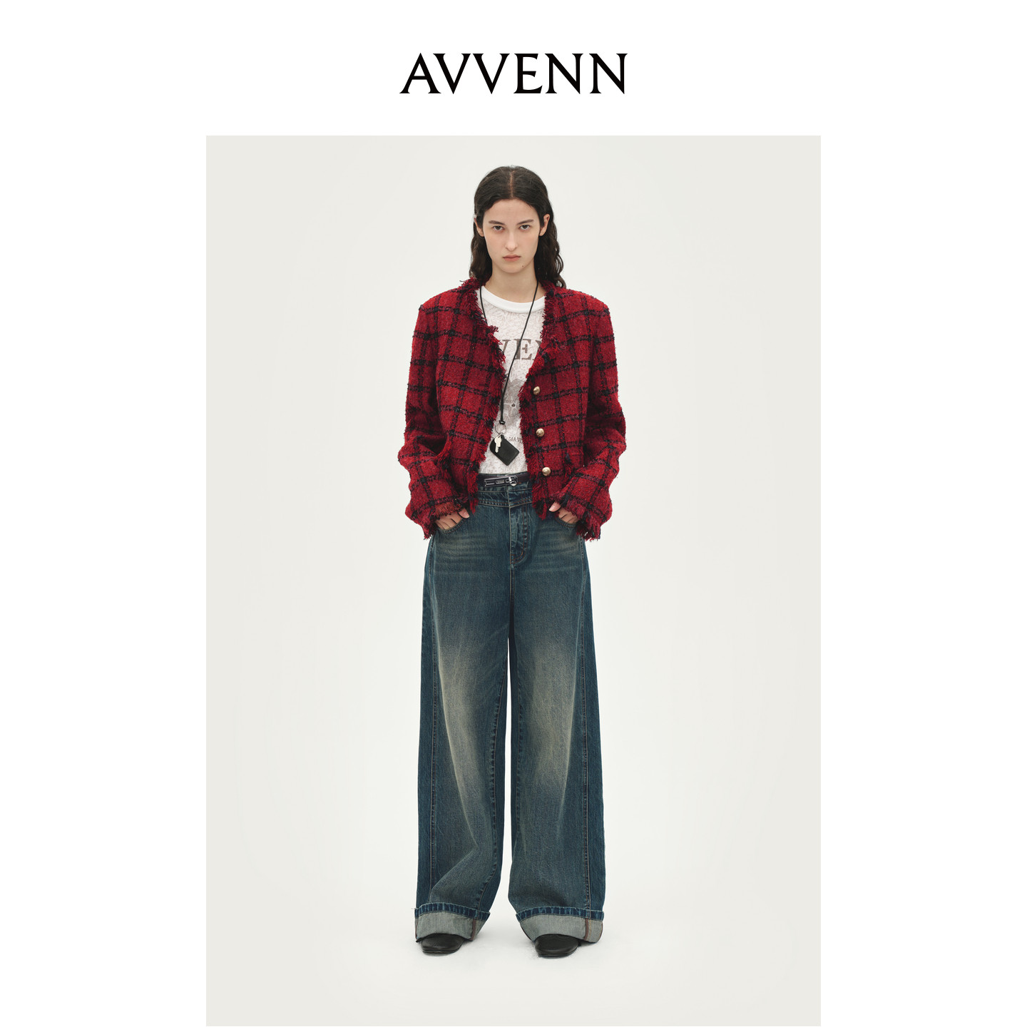 AVVENN红黑格纹粗呢毛边设计短款小香风外套AL90105547