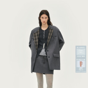 外套AL92601688 AVVENN平驳领门襟拼接格纹宽松西装 徐梦洁同款