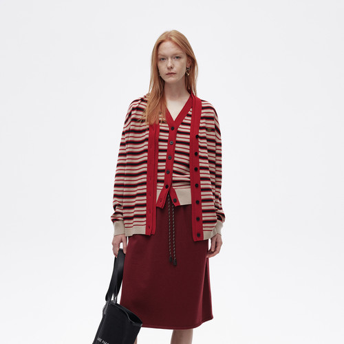 AVVENN设计师款福运蛇撞色条纹青春复古感羊毛开衫AL10107778