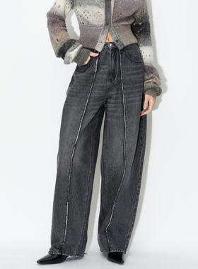 AVVENN秋季阔腿中低腰毛边破缝黑色牛仔长裤AM71302591