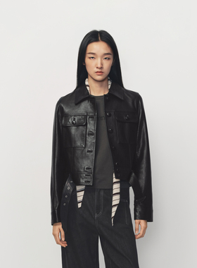 AVVENN立领多口袋结构铆钉装饰短款长袖皮夹克AK11601633