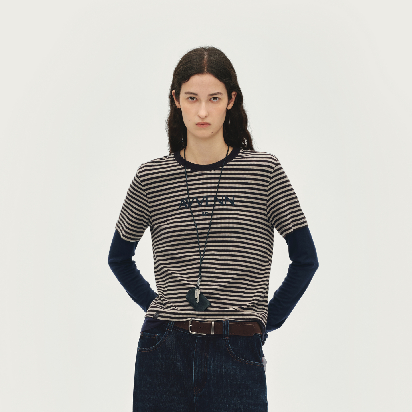 AVVENN假两件百搭条纹长袖T恤撞色设计感显瘦时髦AL91001514