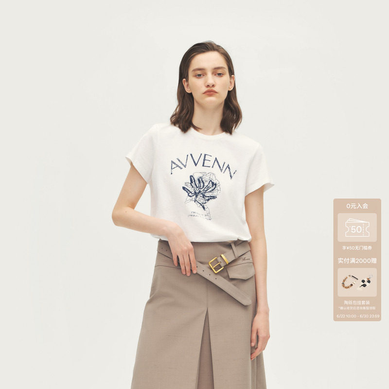 AVVENN设计师款简约小廓形创意花卉棉麻圆领T恤AL71001529