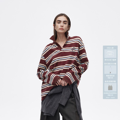 AVVENN设计师款撞色复古条纹Polo领长袖宽松T恤AL11001520