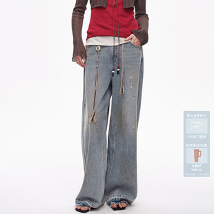 AVVENN设计师款 AL31302503 不规则破洞水洗蓝宽松直筒牛仔裤