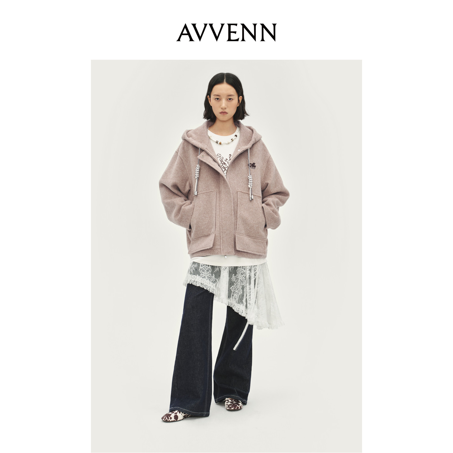 AVVENN设计师款羊毛呢宽松连帽卫衣大衣外套双色绳结AL90302797
