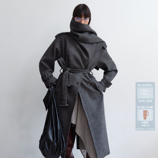 AVVENN领部围裹设计高级感灰色花点长大衣AL90303725