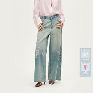 AL71302607 牛仔裤 AVVENN设计师款 格子印花水洗浅蓝色破洞长裤