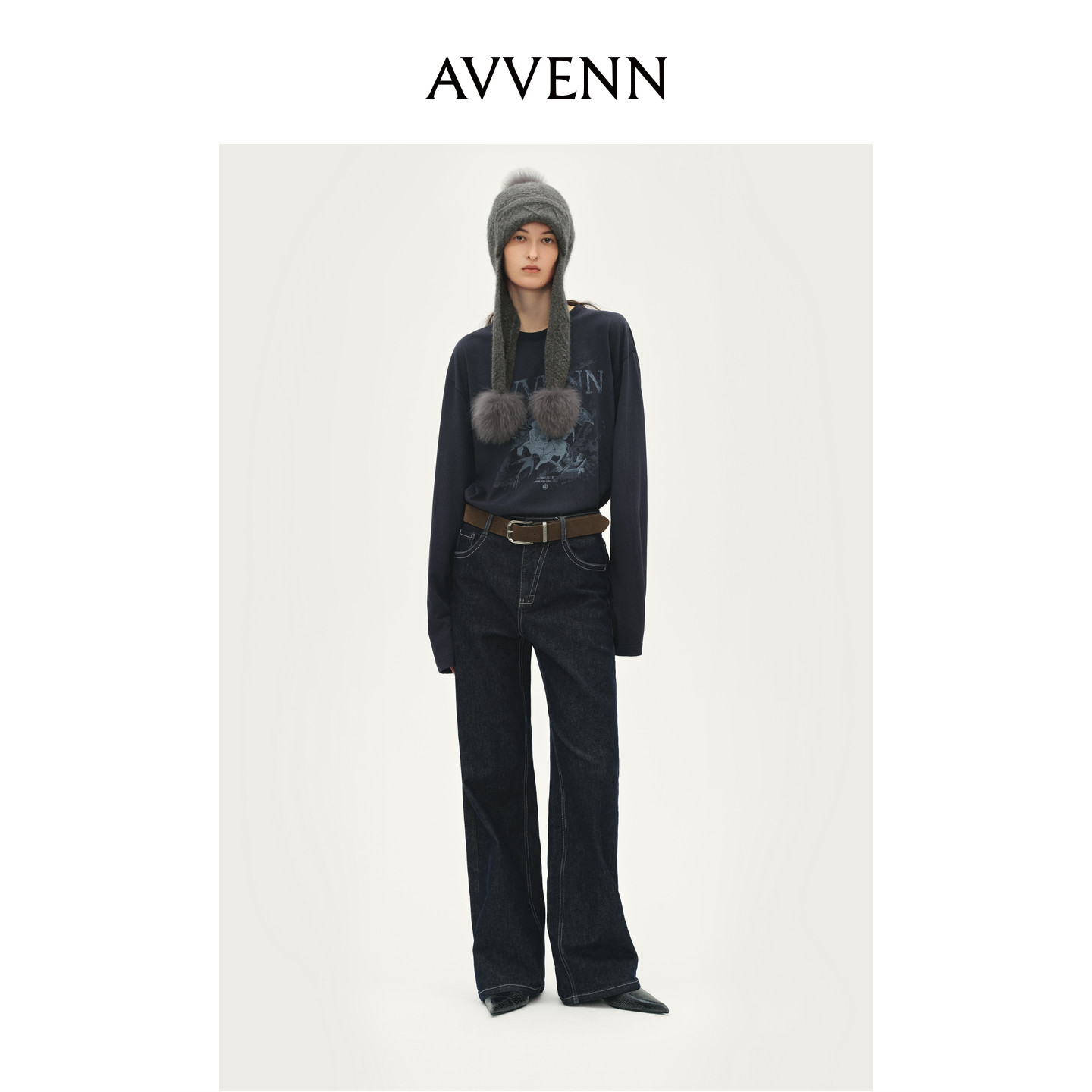 AVVENN设计师款做旧印花长袖T恤落肩内搭AL91001507