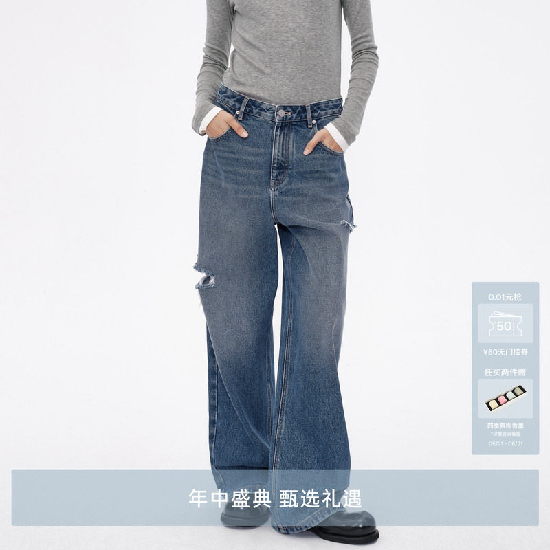 AVVENN复古水洗蓝破洞大裤腿牛仔裤AM91302580