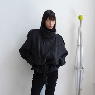 AVVENN配腰带羊驼羊毛中长款双肩袢斜插袋外套深灰大衣AL90301532