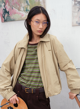 AVVENN卡其色下摆抽褶花苞造型宽松翻领短外套AK10110768