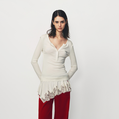 AVVENN设计师款针织长袖不规则荷叶摆上衣AL91001518