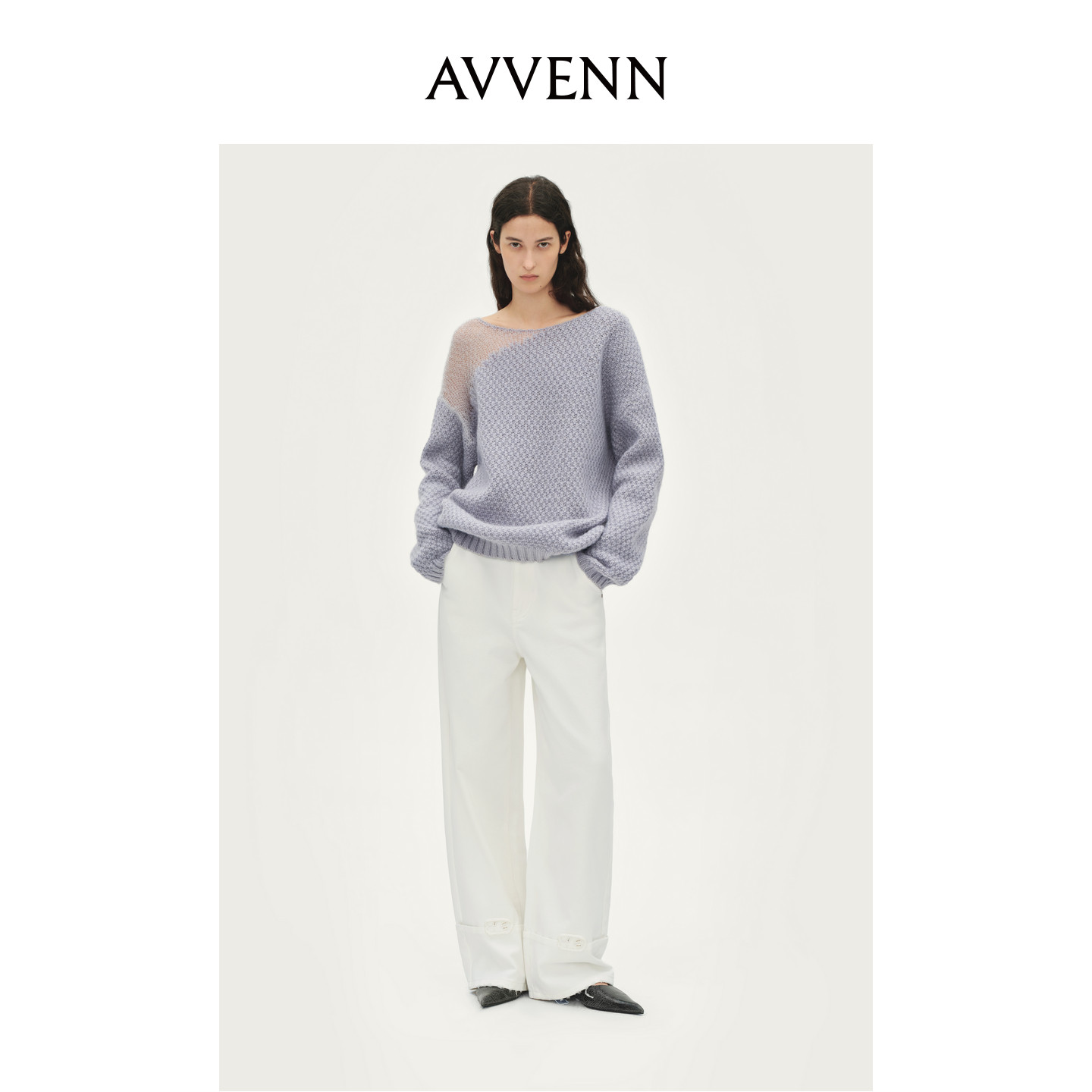 AVVENN肩部拼接纱宽松版灰紫色羊毛针织衫AL90601668