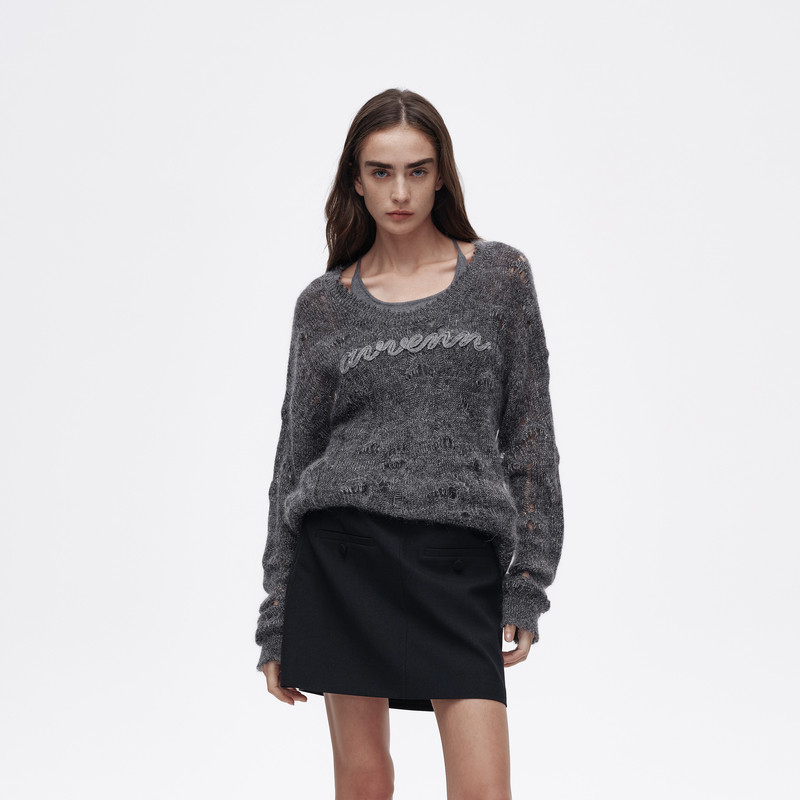 AVVENN设计师款真两件前片LOGO刺绣宽松镂空毛衣AL10601667