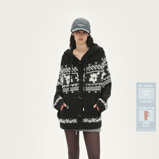 AVVENN费尔岛针织花纹连帽羊毛拉链开衫 牛角扣咖色AL92802588