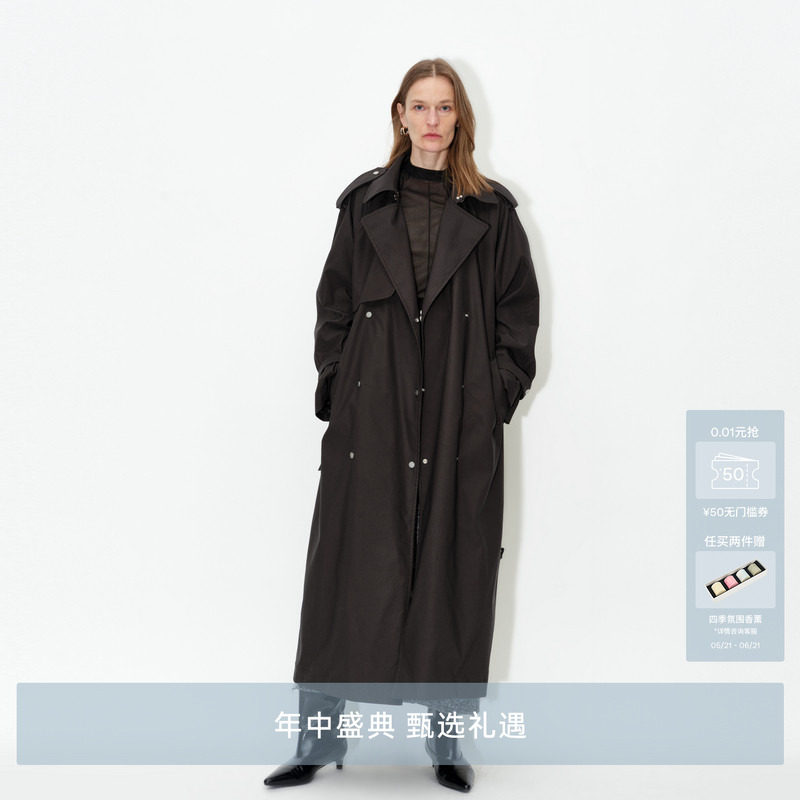 AVVENN双排金属四合扣宽松长款风衣AM7073