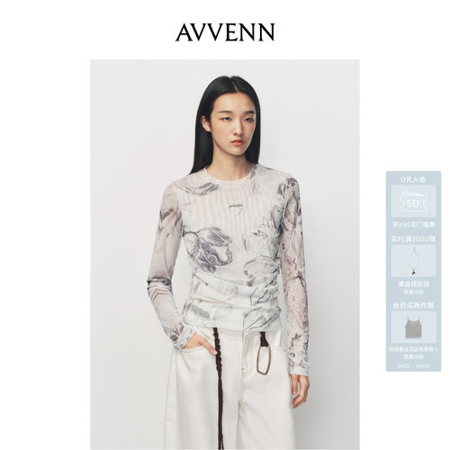 AVVENN101系列复古印花修身高弹网纱打底长袖上衣AL10802572