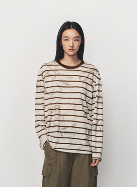 AVVENN【艺术家系列】针织领圈主题花朵印花条纹T恤AK11001524