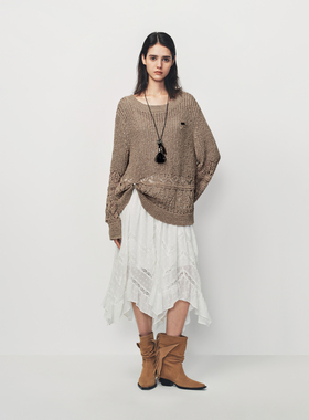 AVVENN撞色不对称镂空针织两件套蕾丝连衣裙AK11101713