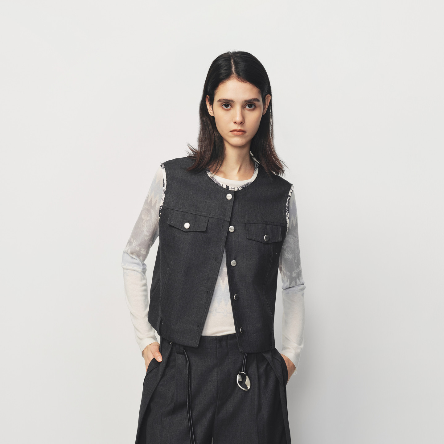 AVVENN拼接出芽细节宽松羊毛混纺宽松马甲AK10701557