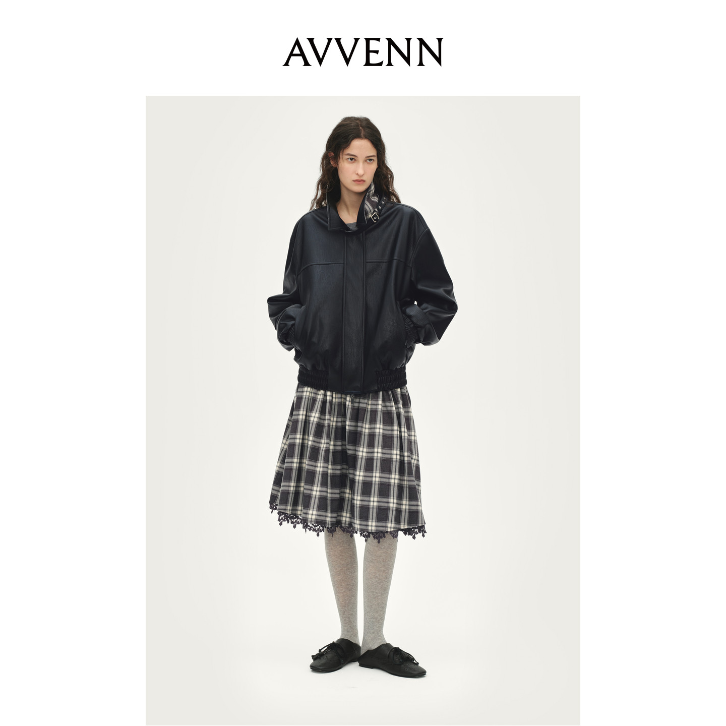 AVVENN设计师款正反两穿黑色格子短外套AL90105541