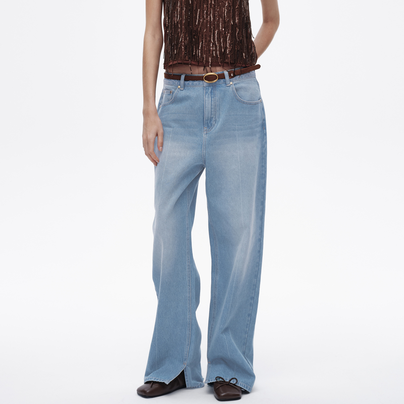 AVVENN2025春季经典水洗猫须撞色绣花浅蓝直筒牛仔裤AL11302595