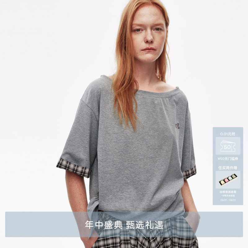 AVVENN袖口格纹拼接可调节系带斜肩圆领短袖AL31001544