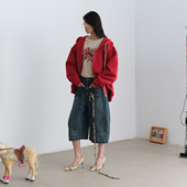 AVVENN配串珠竹子挂坠主题花型绣花牛仔中裤 AK11305597