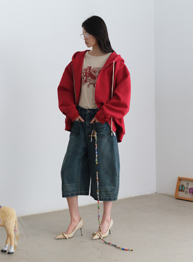 AVVENN配串珠竹子挂坠主题花型绣花牛仔中裤AK11305597