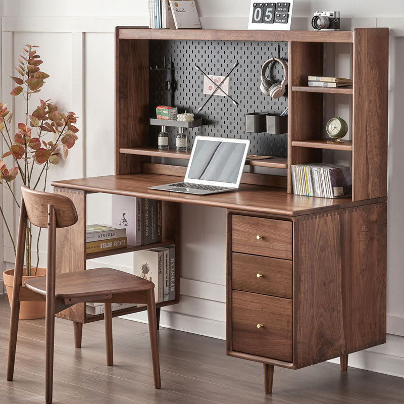 北欧全实木电脑桌学习桌黑胡桃木双人书桌书架简约式现代书房家具