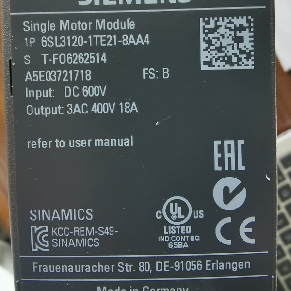 【顺庆】6SL3120-1TE21-8AA4（标签处有一点划痕，详见【议价】