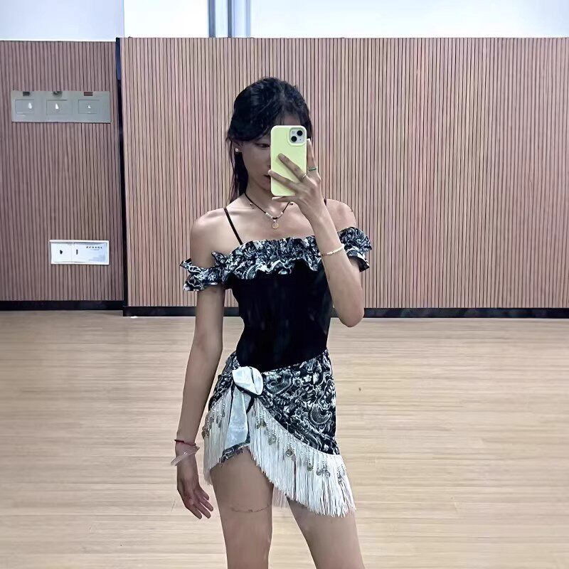 拉丁舞服女亮片腰封半身流苏短裙