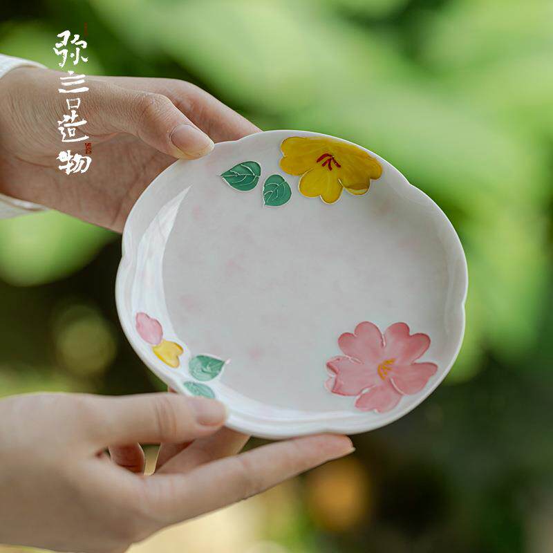 爆款有田烧手绘花卉壶承家用盖碗茶壶垫日式干泡盘茶台花口茶点盘