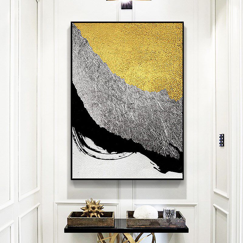 纯手绘大型抽象油画黑白金银现代入口挂画美式客U厅走廊装饰竖版
