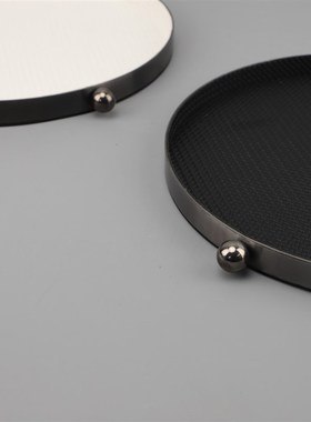 欧式创意金属皮革单点圆s珠编织纹托盘摆件客厅玄关餐厅家居装饰