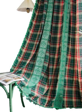 热销窗帘绿色格子美式复古棉v麻窗B帘成品厨房帘飘窗短帘半帘半遮