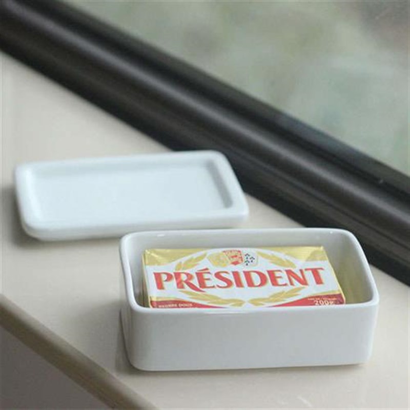 雨花石杂货 陶瓷黄油盒牛油盒收纳黄H油罐牛油保存盒白脱盒木盖