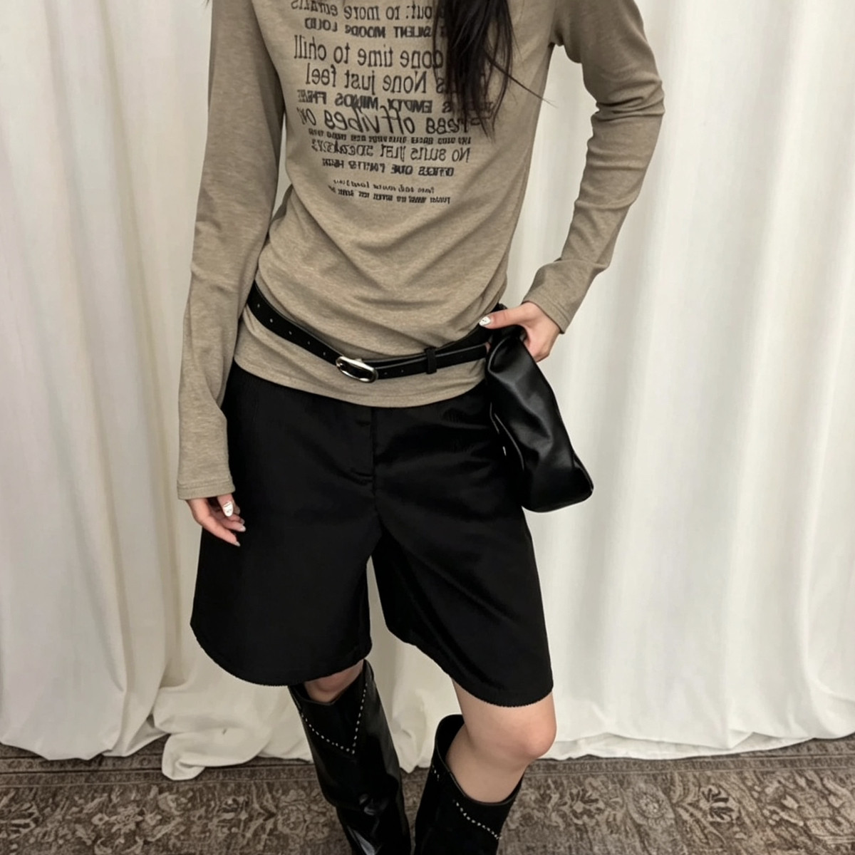 meet up studio-节船领设计下摆抽褶高弹T长袖T恤(不配腰带)7263