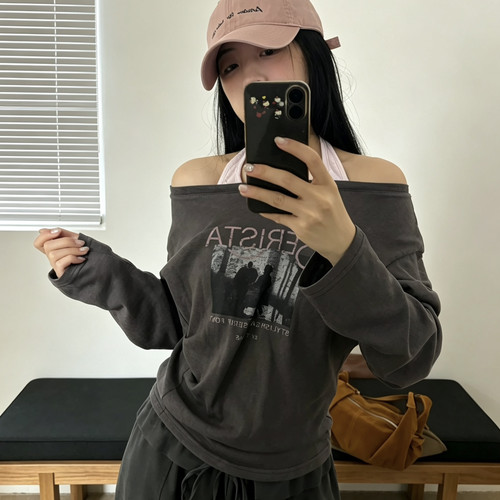 meet up studio-假两件撞色挂脖绑带倒t下摆压褶长袖T长袖T恤2687