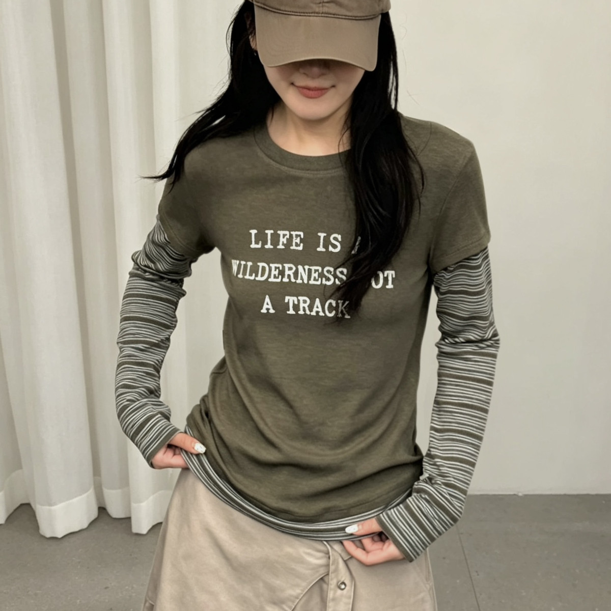 meet up studio-色条纹假两件百搭显瘦高弹面料长袖T长袖T恤51613