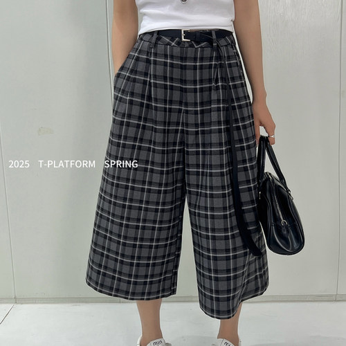 T-PLATFORM-腿七分裤女小个子英伦风面料垂感软糯休闲裤15233黑格