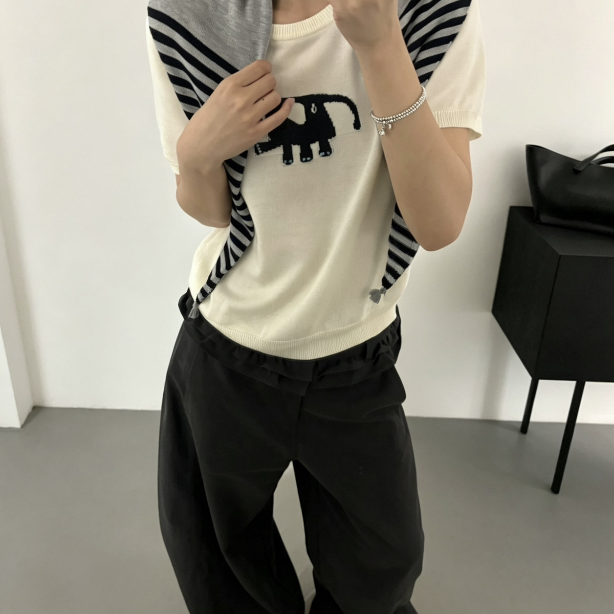 meet up studio-珠设计条纹针织披肩百搭短袖针织衫(配披肩)s686