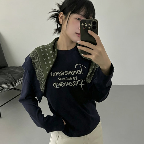 meet up studio-性腰果花丝巾下摆抽褶长袖T长袖T恤(配丝巾)2683