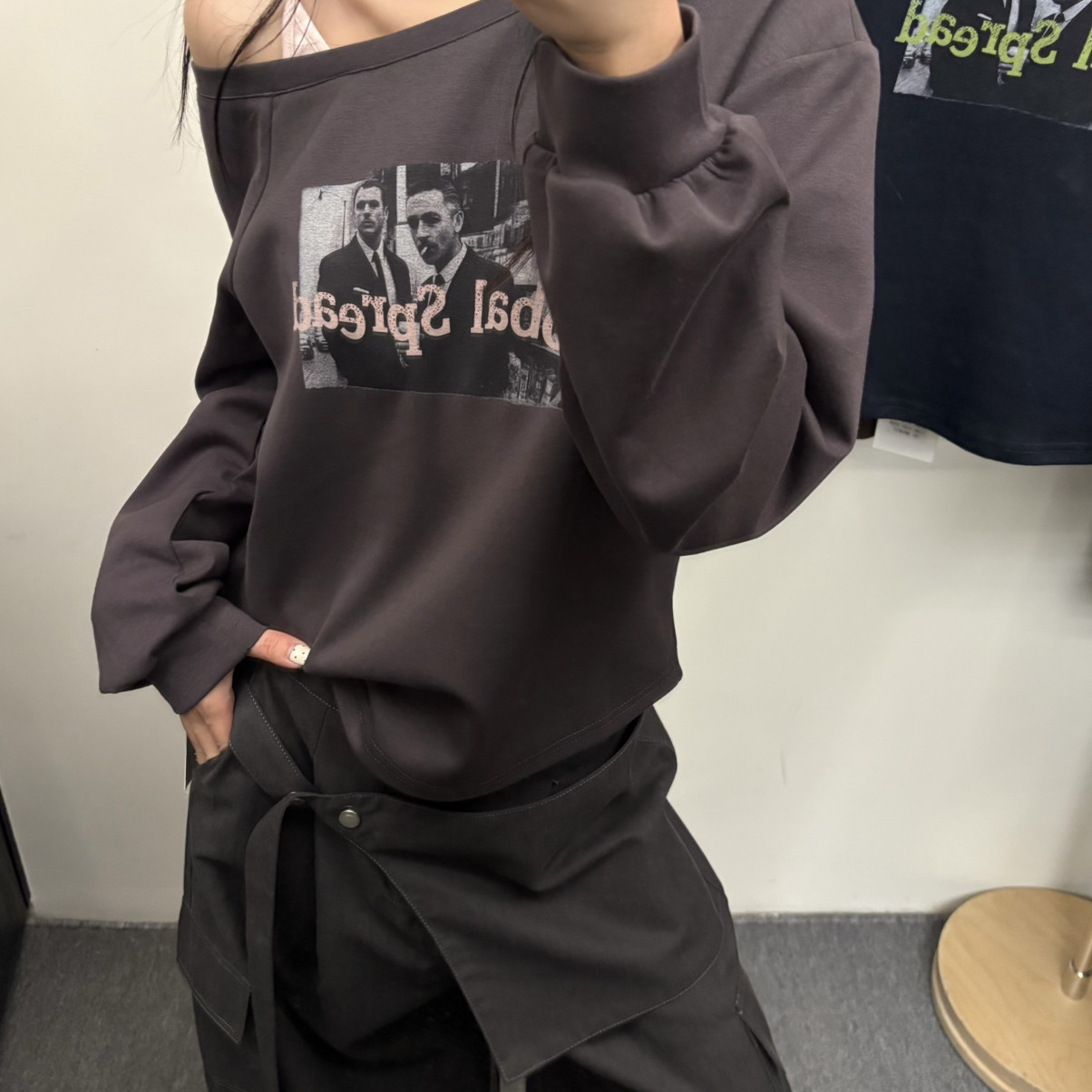 meet up studio-花肩膀可调节撞色肩带漏肩长袖卫衣长袖T恤51395
