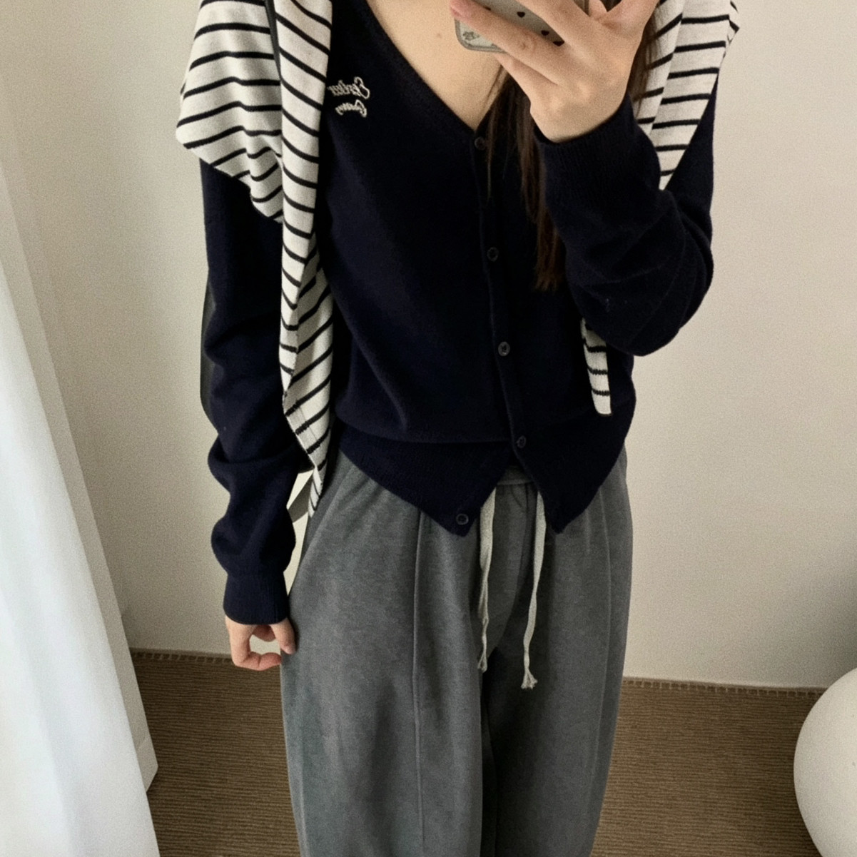meet up studio-母配条纹披肩v领针织开衫针织开衫(配披肩)s607-2