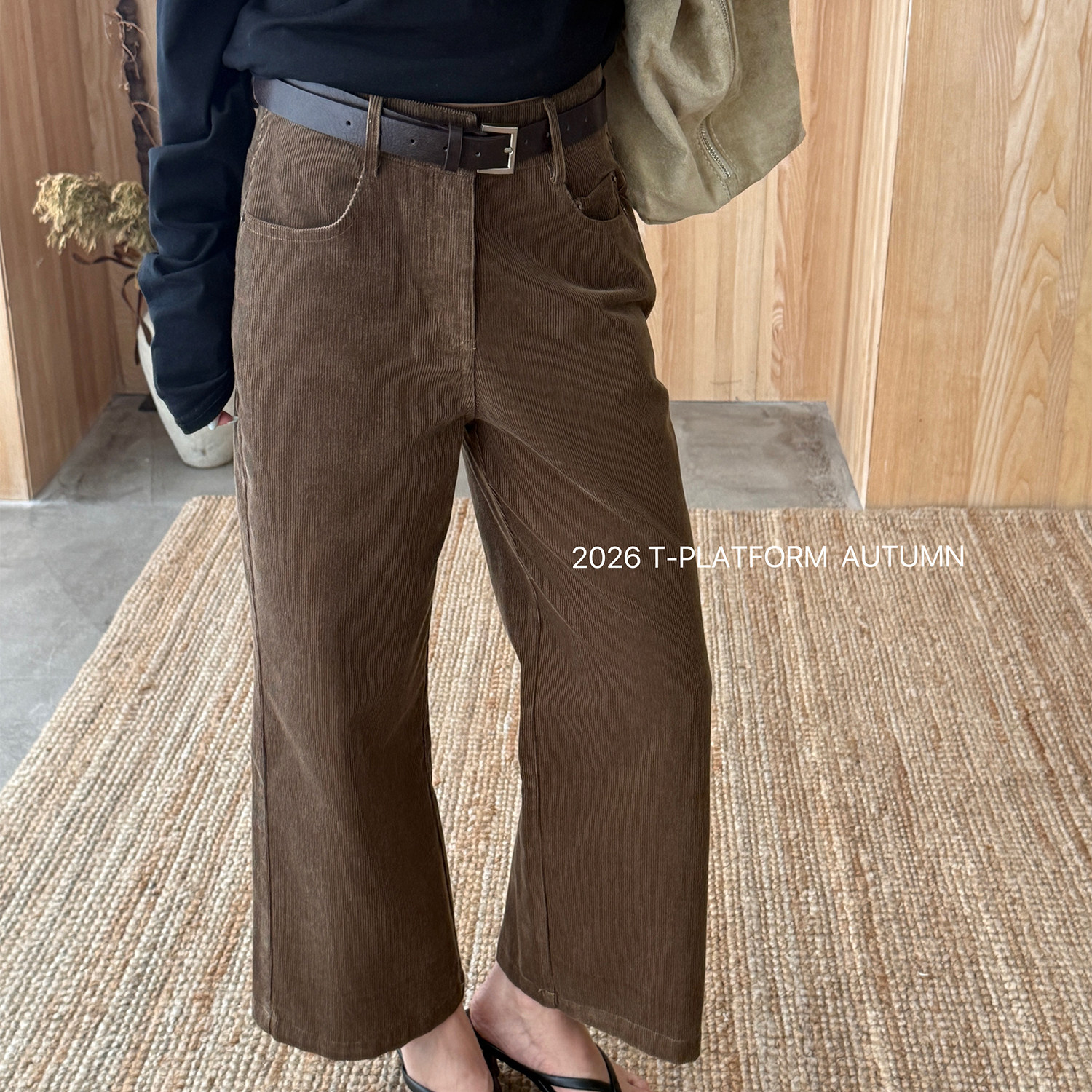 T-PLATFORM-个子女高腰工装翻盖贴袋直筒宽松休闲裤(配皮带)26216