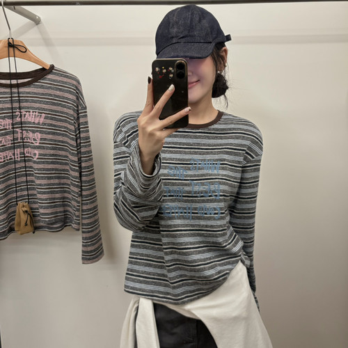 meet up studio-韩国面料撞色条纹胶印撞色印花长袖T长袖T恤2732