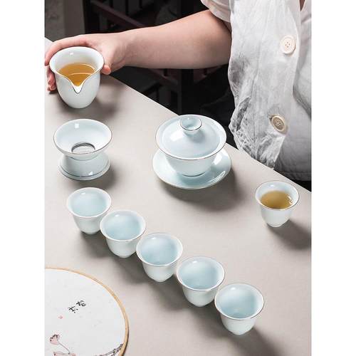 影青玉瓷功夫茶具套装陶瓷三才盖碗茶杯家用简约高档礼品定制logo