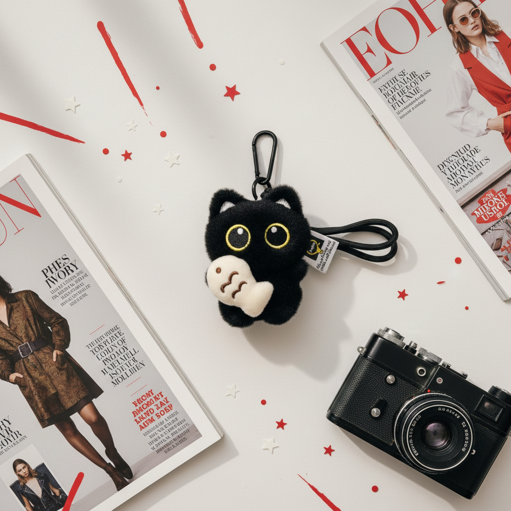 日本HOUSID正版大眼黑猫抱小鱼包包挂件呆萌毛绒小玩偶钥匙扣礼物